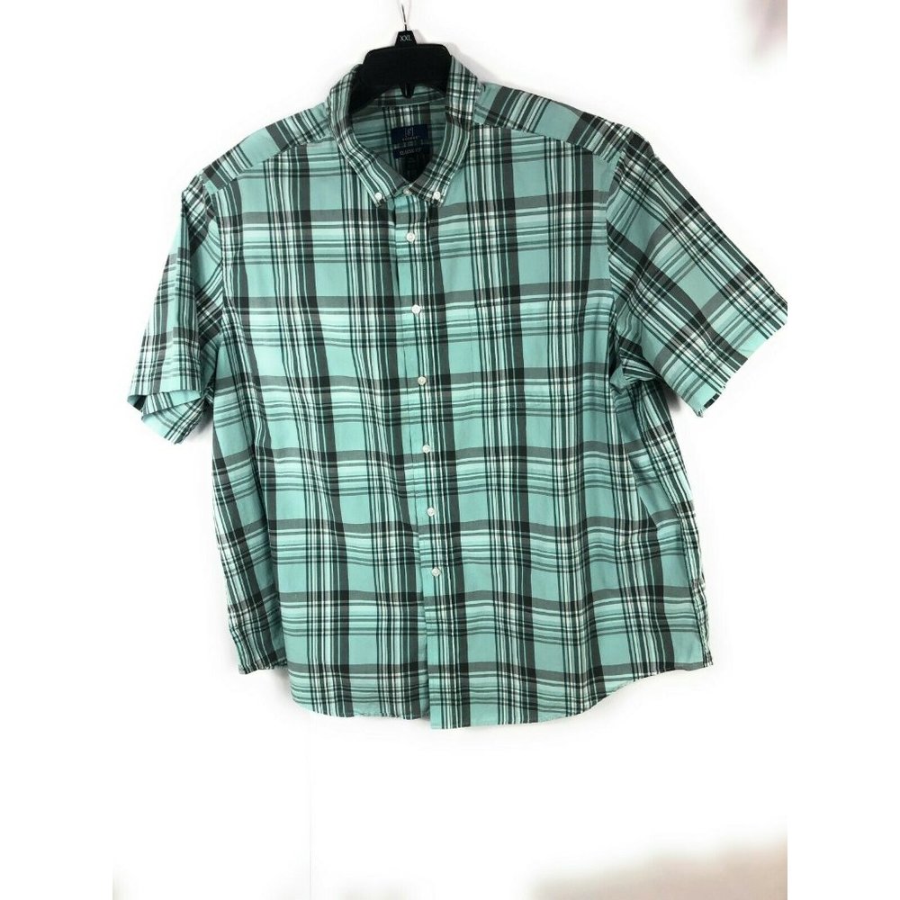 George Classic Fit Men's 3XL Button Up Short Sleeve Green Black Cotton Shirt A17